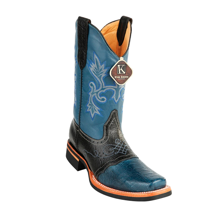Men's King Exotic Ostrich Leg Boots With Rubber Sole & Saddle Square Toe Blue Jean  (48160514) - 6 E
