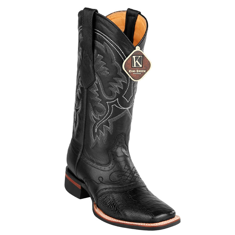 Men's King Exotic Ostrich Leg Boots With Rubber Sole & Saddle Square Toe Black (48230505) - 6 E
