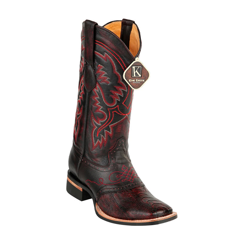 Men's King Exotic Ostrich Leg Boots With Rubber Sole & Saddle Square Toe Black Cherry (48230518) - 6 E