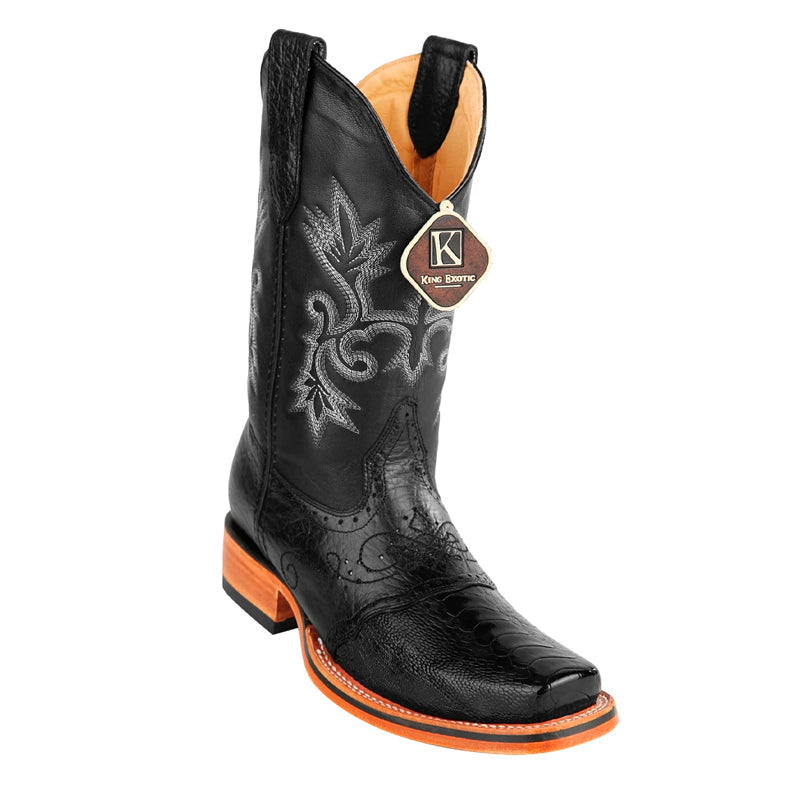 Men's King Exotic Ostrich Leg Square Toe Boots With Saddle Handmade Black (48170505) - 6 E