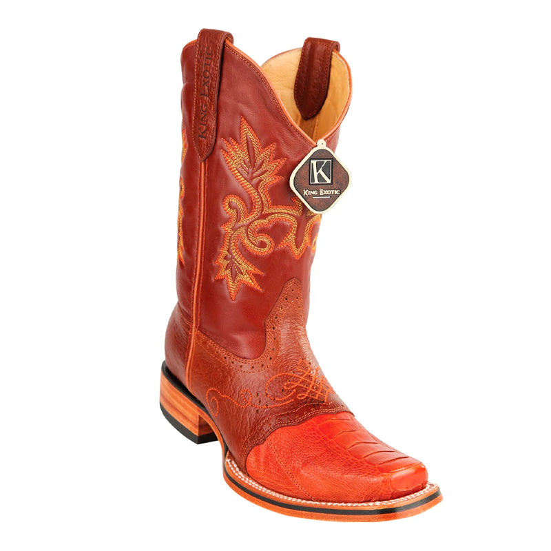 Men's King Exotic Ostrich Leg Square Toe Boots With Saddle Handmade Cognac (48170503) - 6 E