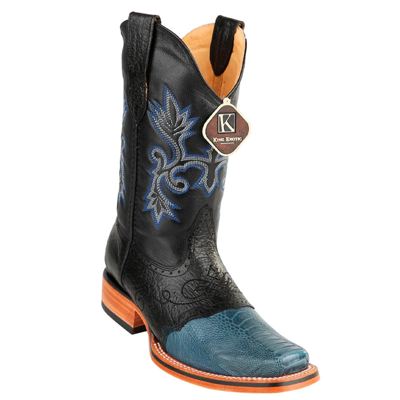 Men's King Exotic Ostrich Leg Square Toe Boots With Saddle Handmade Blue Jean (48170514)-New Designer Collection - 6 E
