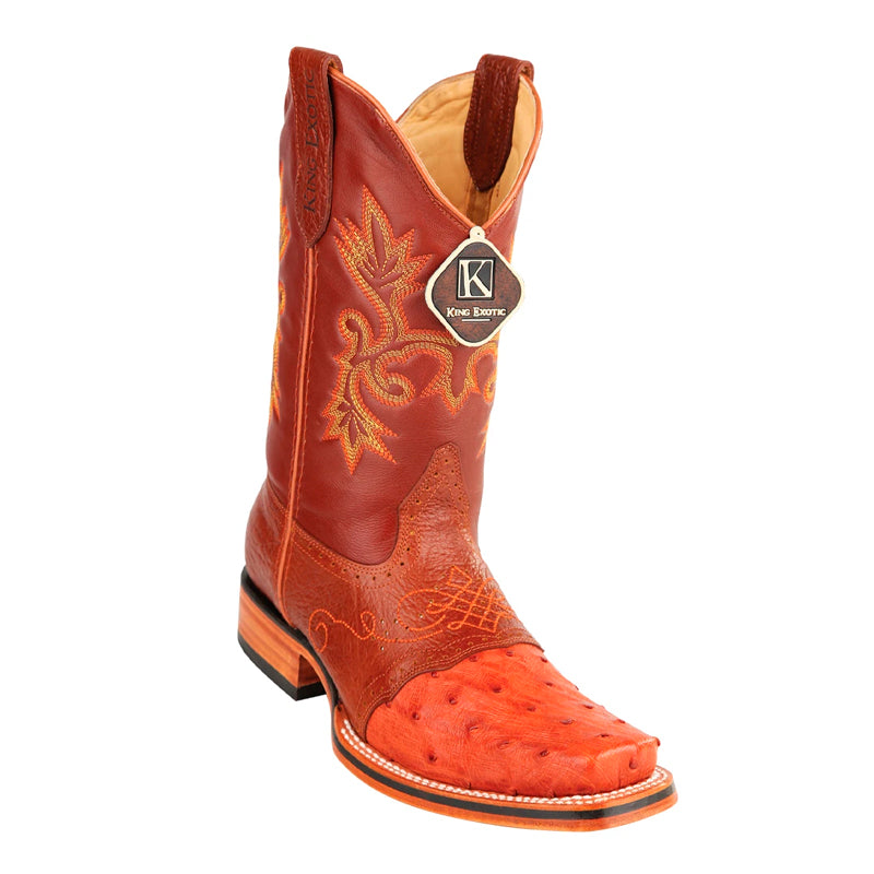 Men's King Exotic Square Toe Ostrich Boots Rubber Sole & Saddle Cognac (48230303) - 6 E