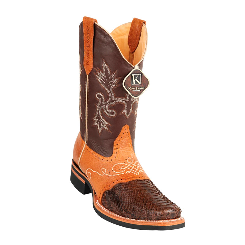 Men's King Exotic Python Boots Rubber Sole & Saddle Vamp Square Toe Brown (48165707) - 6 E