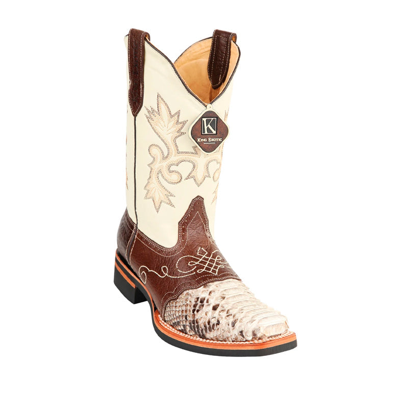 Men's King Exotic Python Boots Rubber Sole & Saddle Vamp Square Toe Natural (48165749) - 6 E