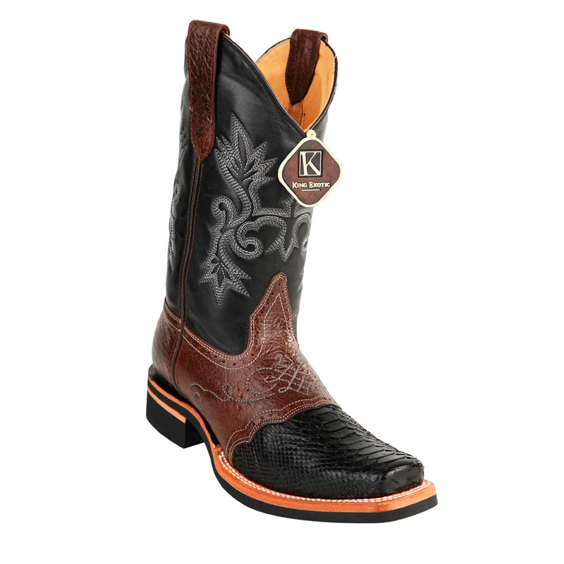 Men's King Exotic Python Boots Rubber Sole & Saddle Vamp Square Toe Black (48165705) - 6 E