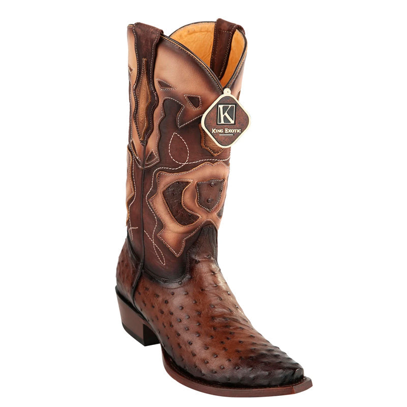 Men's King Exotic Snip Toe Full Quill Ostrich Boots Handmade Burnished Brown (494RD0316-) - 6 E