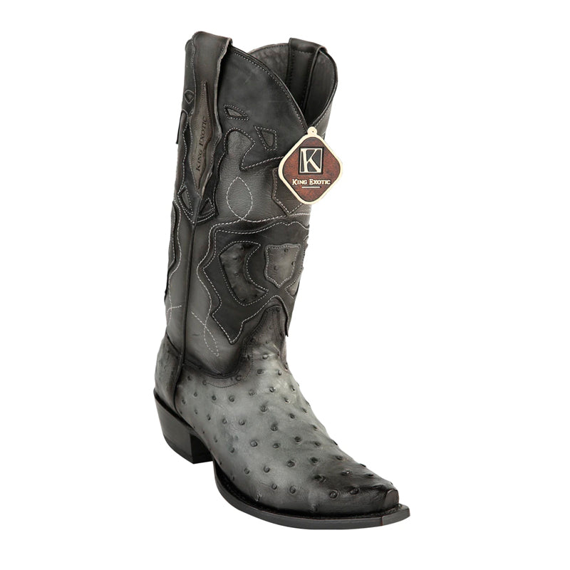 Men's King Exotic Snip Toe Full Quill Ostrich Boots Handmade Burnished Gray  (494RD0338) - 6 E