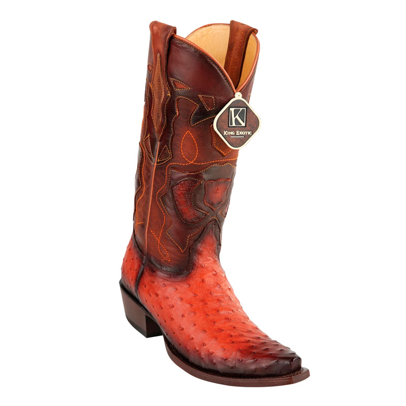 Men's King Exotic Snip Toe Full Quill Ostrich Boots Handmade Burnished Cognac (494RD0357) - 6 E