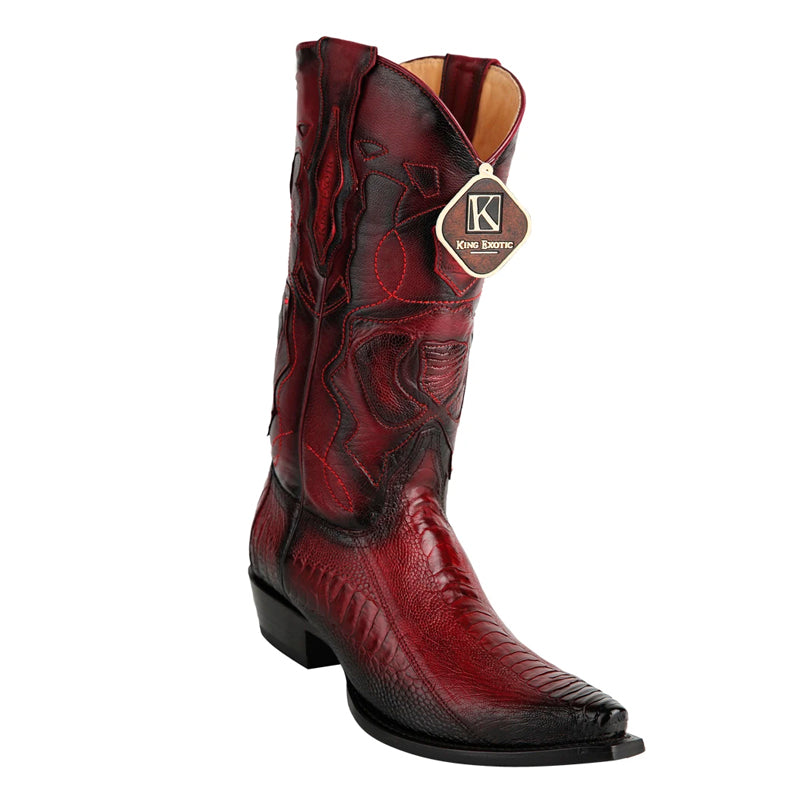 Men's King Exotic Snip Toe Ostrich Leg Boots Handcrafted Burnished Burgundy (494RD0543) - 6 E
