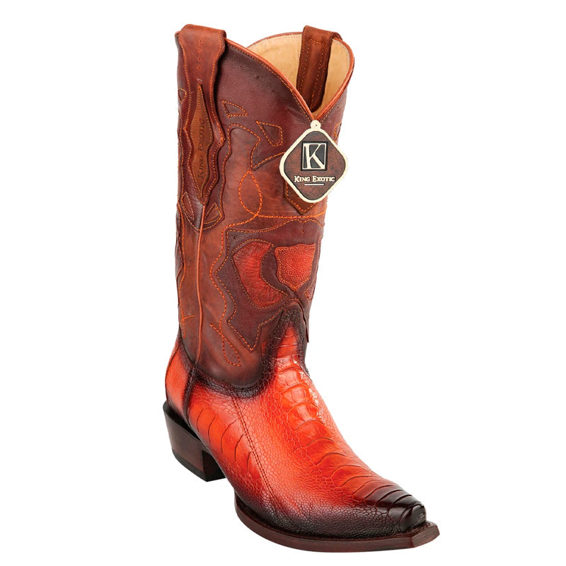 Men's King Exotic Snip Toe Ostrich Leg Boots Handcrafted Burnished Cognac (494RD0557) - 6 E