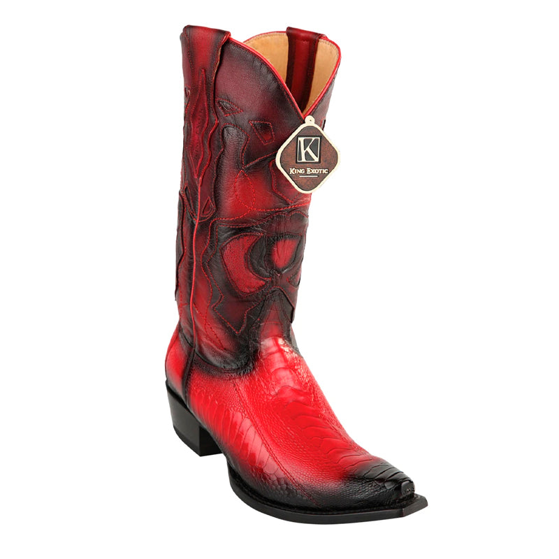 Men's King Exotic Snip Toe Ostrich Leg Boots Handcrafted Burnished Red (494RD0529) - 6 E