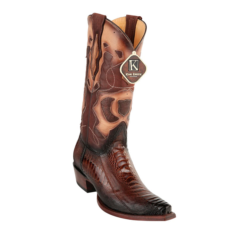 Men's King Exotic Snip Toe Ostrich Leg Boots Handcrafted Burnished Brown (494RD0516) - 6 E