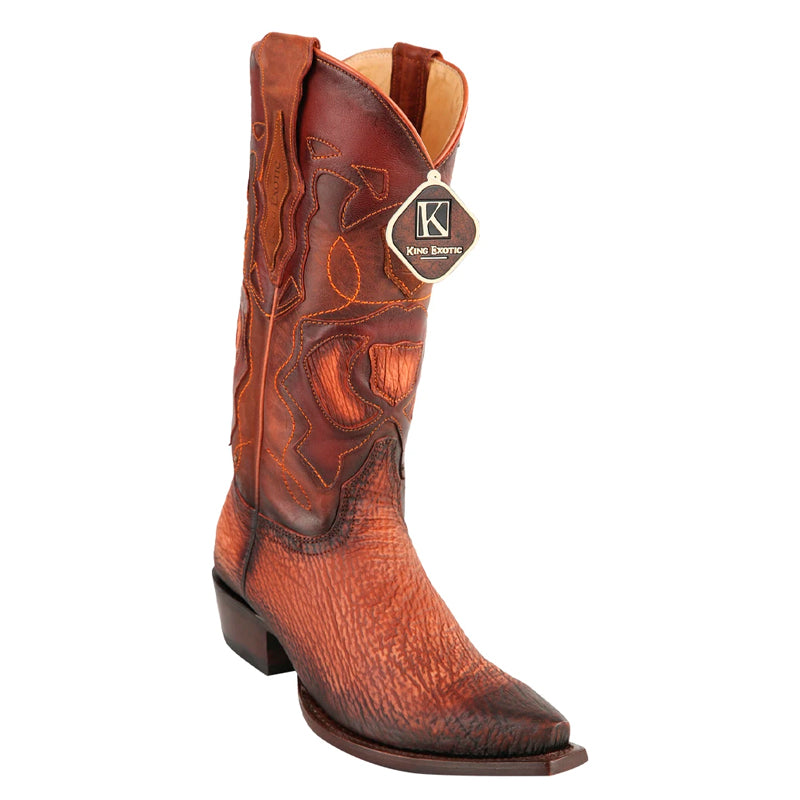 Men's King Exotic Snip Toe Sharkskin Boots Handcrafted Burnished Cognac (494RD0903) - 6 E