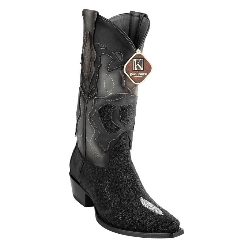 Men's King Exotic Snip Toe Stingray Boots Single Stone Handmade Black (494R1205) - 6 E