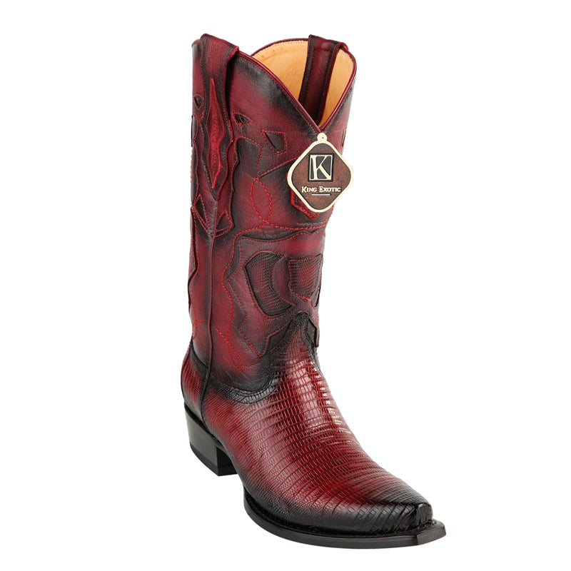 Men's King Exotic Snip Toe Teju Lizard Boots Handcrafted Burnished Burgundy (494RD0743) - 6 E