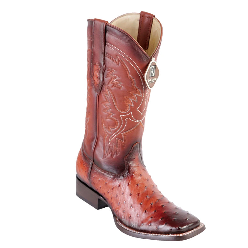 Men's King Exotic Square Toe Full Quill Ostrich Boots Handmade Burnished Cognac (48220357) - 6 E