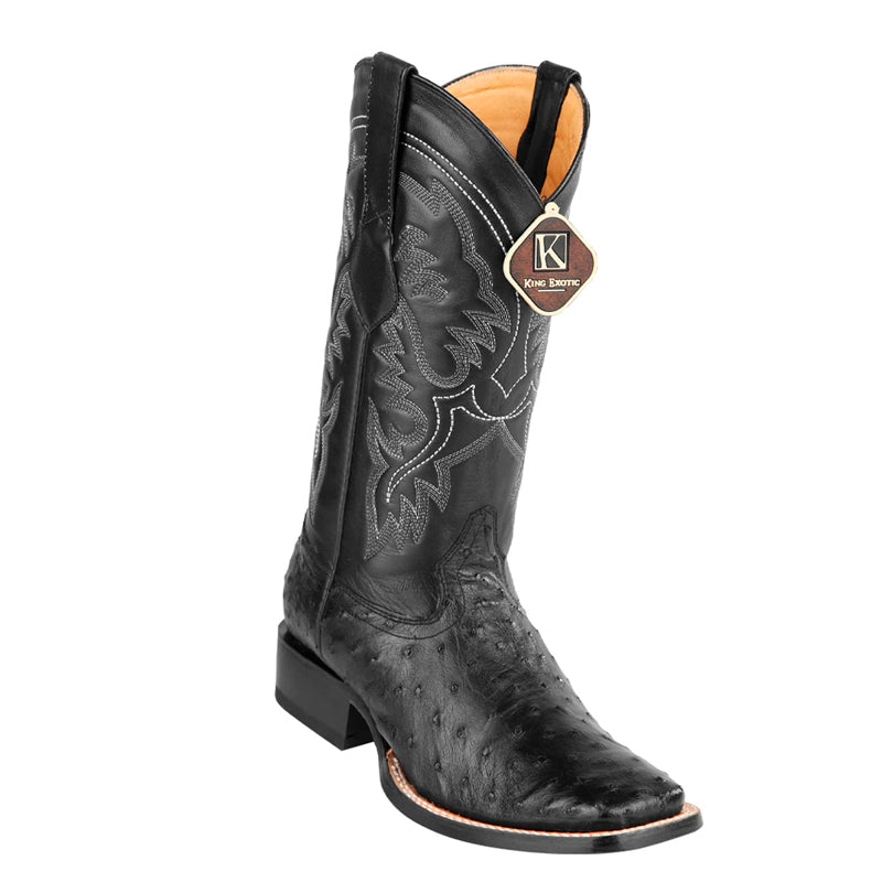 Men's King Exotic Square Toe Full Quill Ostrich Boots Handmade Black  (48220305-) - 6 E