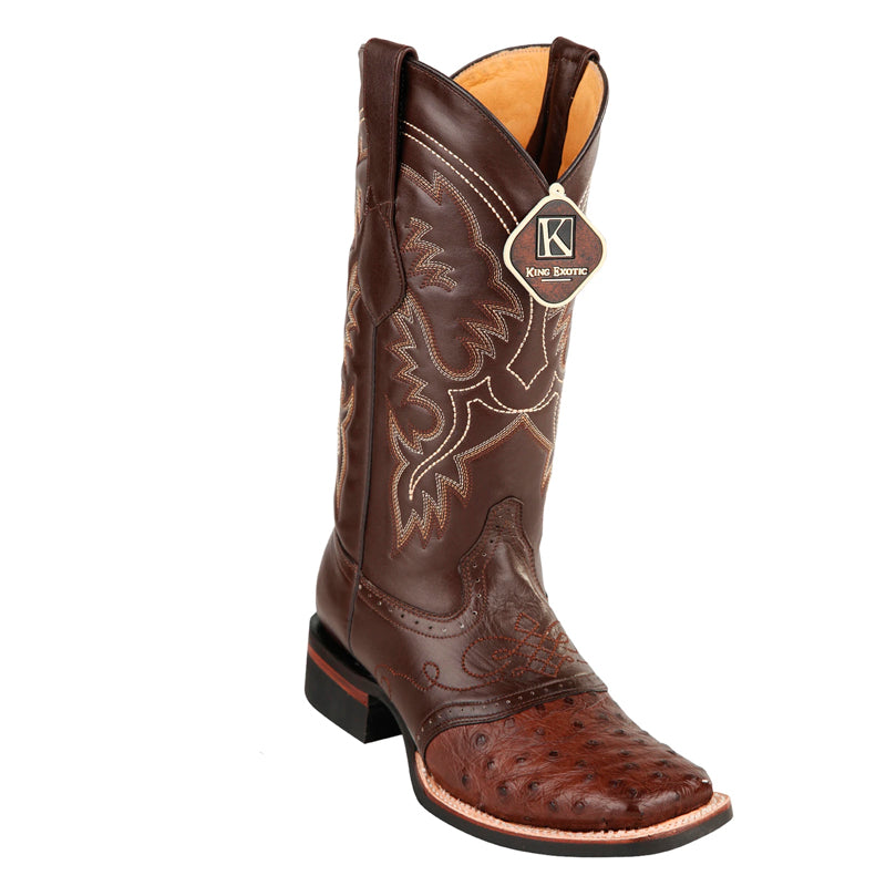 Men's King Exotic Square Toe Ostrich Boots Rubber Sole & Saddle Brown (48230307) - 6 E