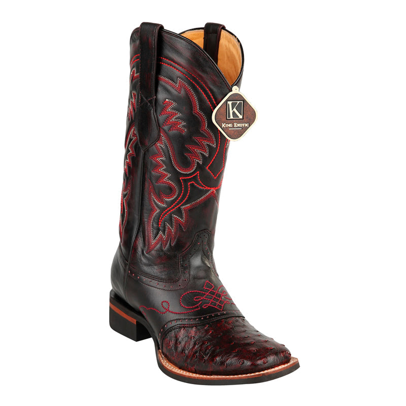 Men's King Exotic Square Toe Ostrich Boots Rubber Sole & Saddle Black Cherry (48230318) - 6 E