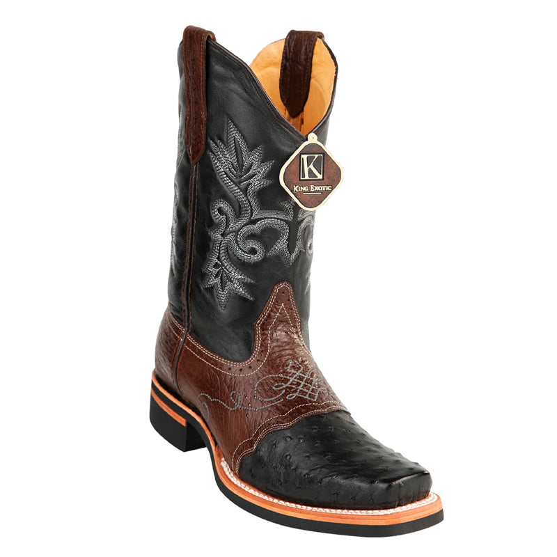Men's King Exotic Square Toe Ostrich Boots Rubber Sole & Saddle Black (48160305) - 6 E