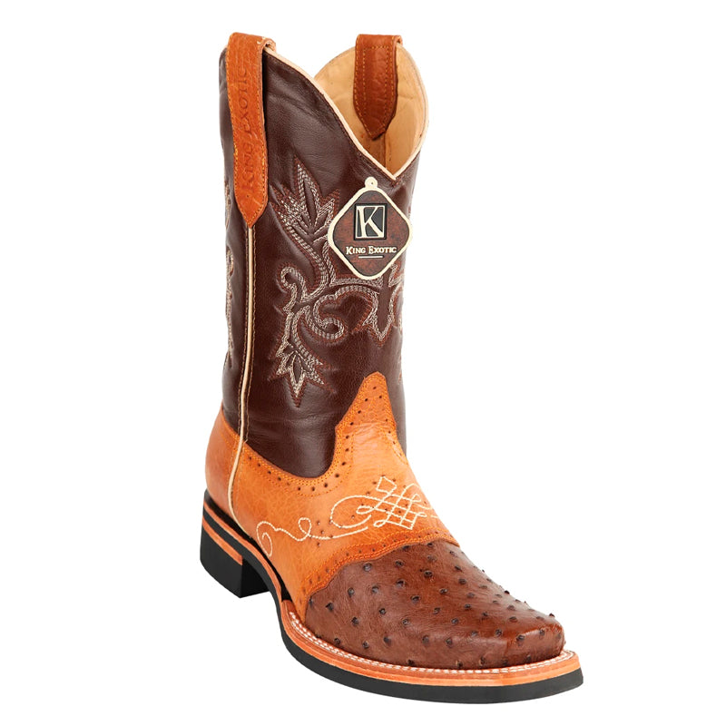 Men's King Exotic Square Toe Ostrich Boots Rubber Sole & Saddle Brown (48160307) - 6 E