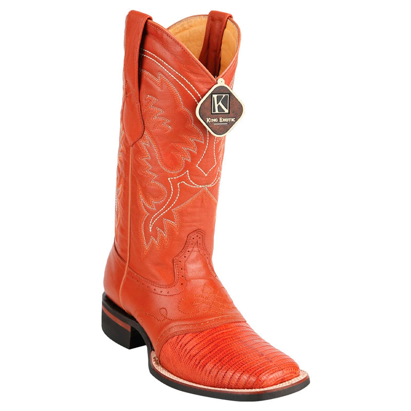 Men's King Exotic Teju Lizard Square Toe Boots With Saddle Handmade Cognac (48230703) - 6 E