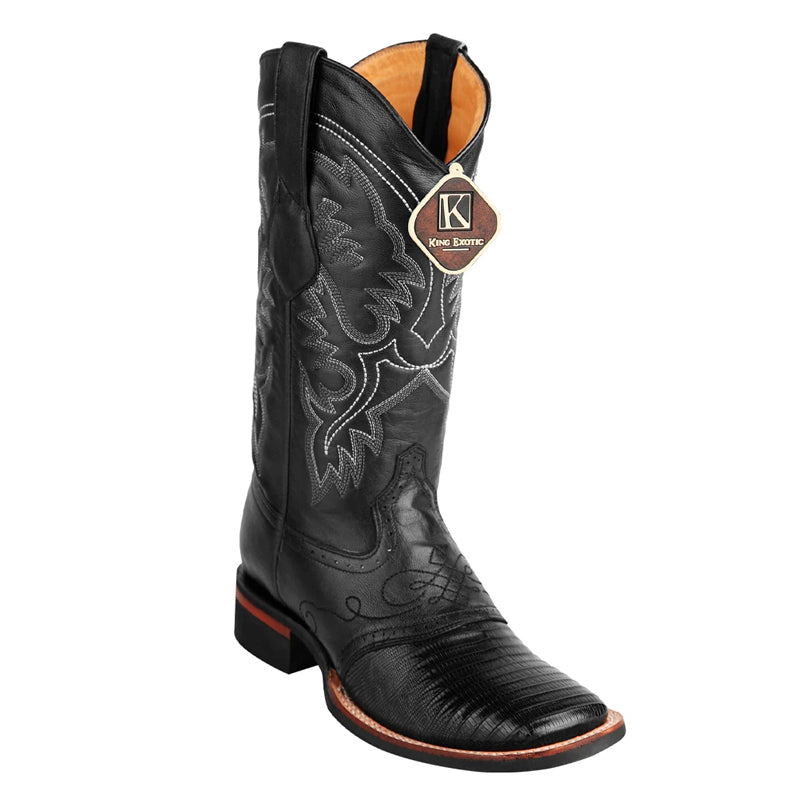 Men's King Exotic Teju Lizard Square Toe Boots With Saddle Handmade Black (48230705) - 6 E