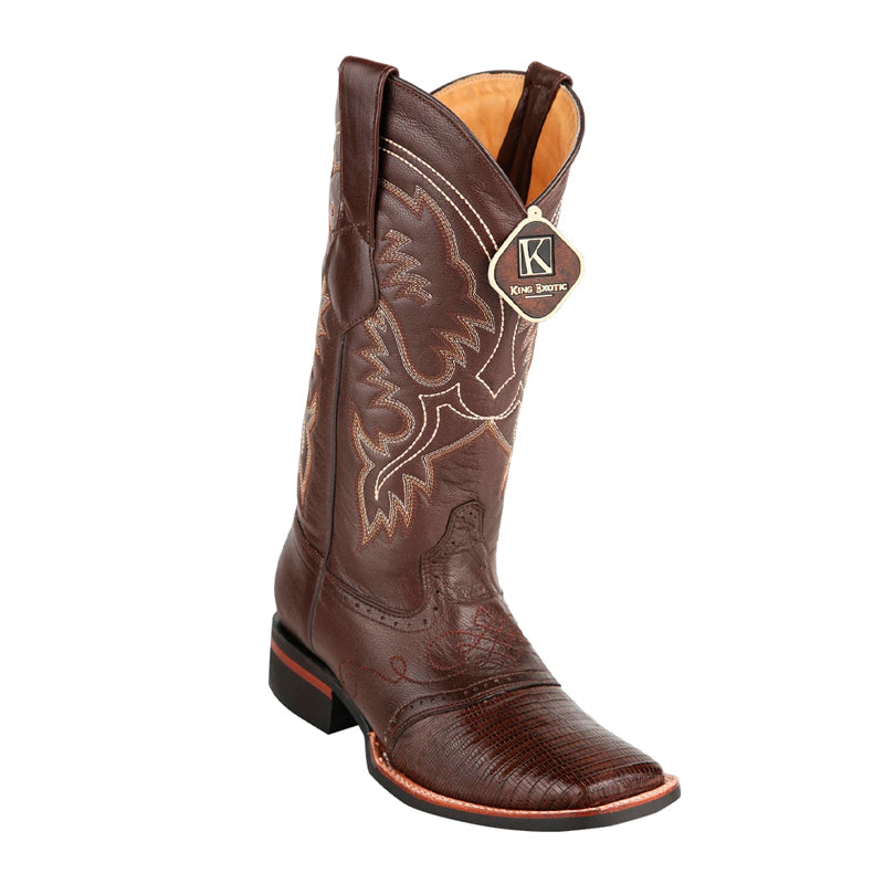 Men's King Exotic Teju Lizard Square Toe Boots With Saddle Handmade Brown (48230707) - 6 E