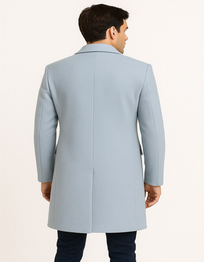 Mens Light Blue Wool Overcoat, Classic Single-Breasted Long Coat - Sky Blue Carcoat Wool Fabric