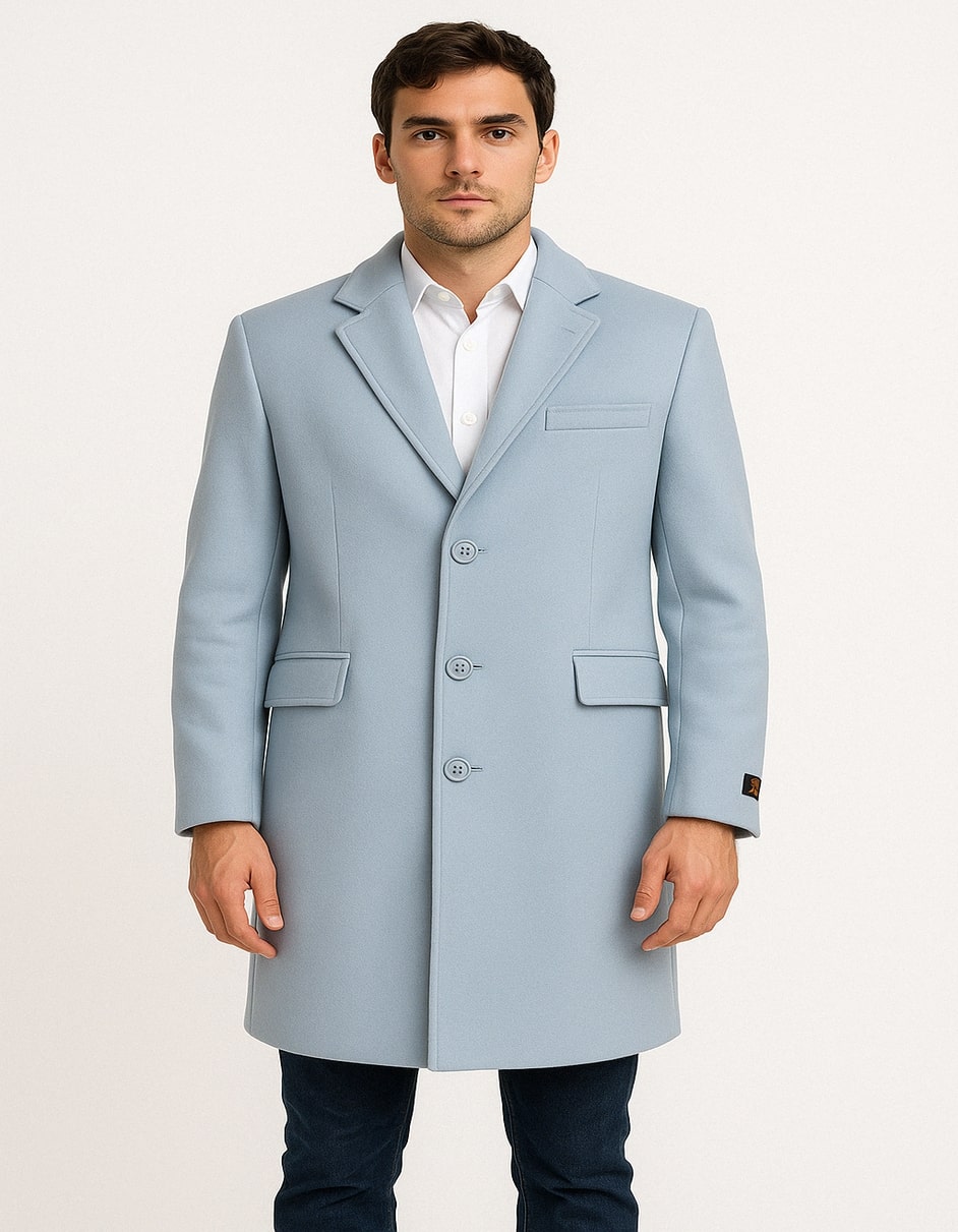 Mens Light Blue Wool Overcoat, Classic Single-Breasted Long Coat - Sky Blue Carcoat Wool Fabric