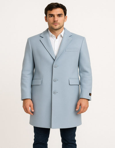 Mens Light Blue Wool Overcoat, Classic Single-Breasted Long Coat - Sky Blue Carcoat Wool Fabric