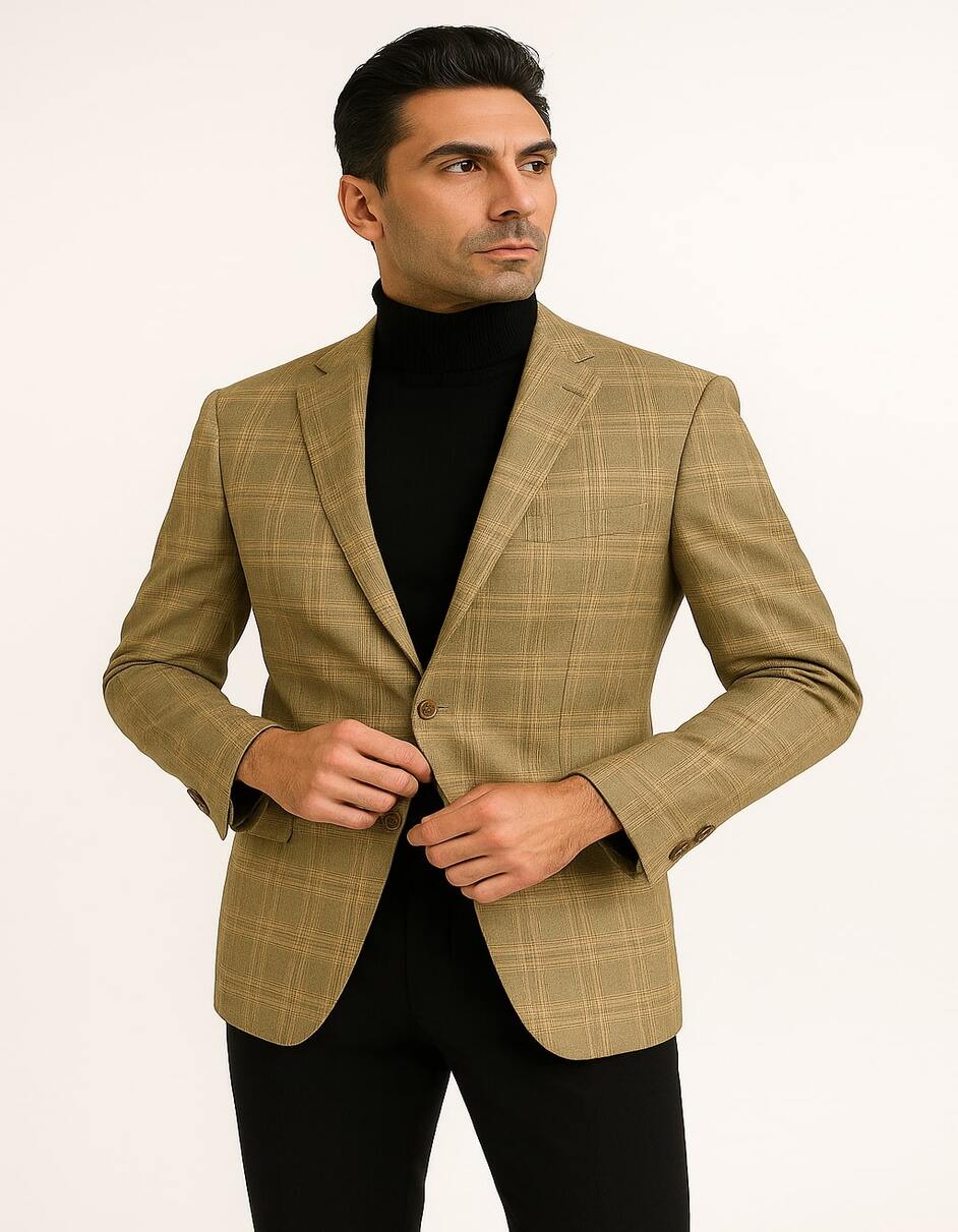 Men's Light Brown Plaid Sport Coat â€“ Classic Check Blazer for Business and Casual Wear in Tan Windowpane Taupe Color - 38 Short