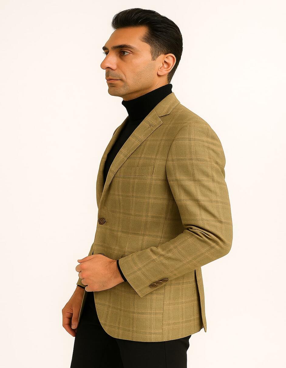 Men's Light Brown Plaid Sport Coat – Classic Check Blazer for Business and Casual Wear in Tan Windowpane Taupe Color - 38 Short