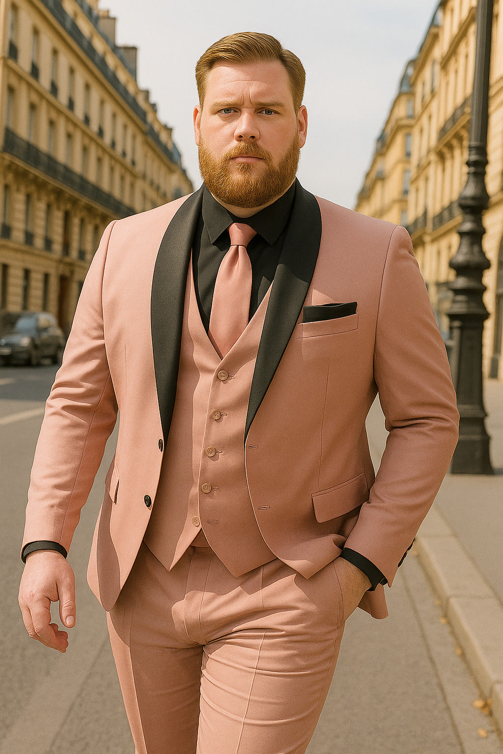 Men's Light Pink 3-Piece Tuxedo Suit with Black Satin Shawl Lapel â€“ Formal Wear - Ultra Slim Fitted in Blush color - 34 Short or Extra Small