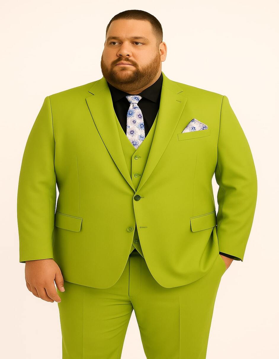 Men's Lime Green Three-Piece Suit with Floral Tie – Slim Fit Tuxedo for Weddings & Parties - 52 Regular Jacket+46 Waist Adjust 42to48)Height: 5'7"-6')(Neck 18.5-20:XXL-XXXL