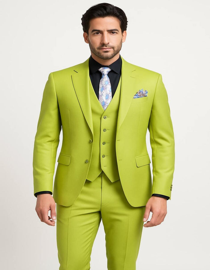 Men's Lime Green Three-Piece Suit with Floral Tie â€“ Slim Fit Tuxedo for Weddings & Parties