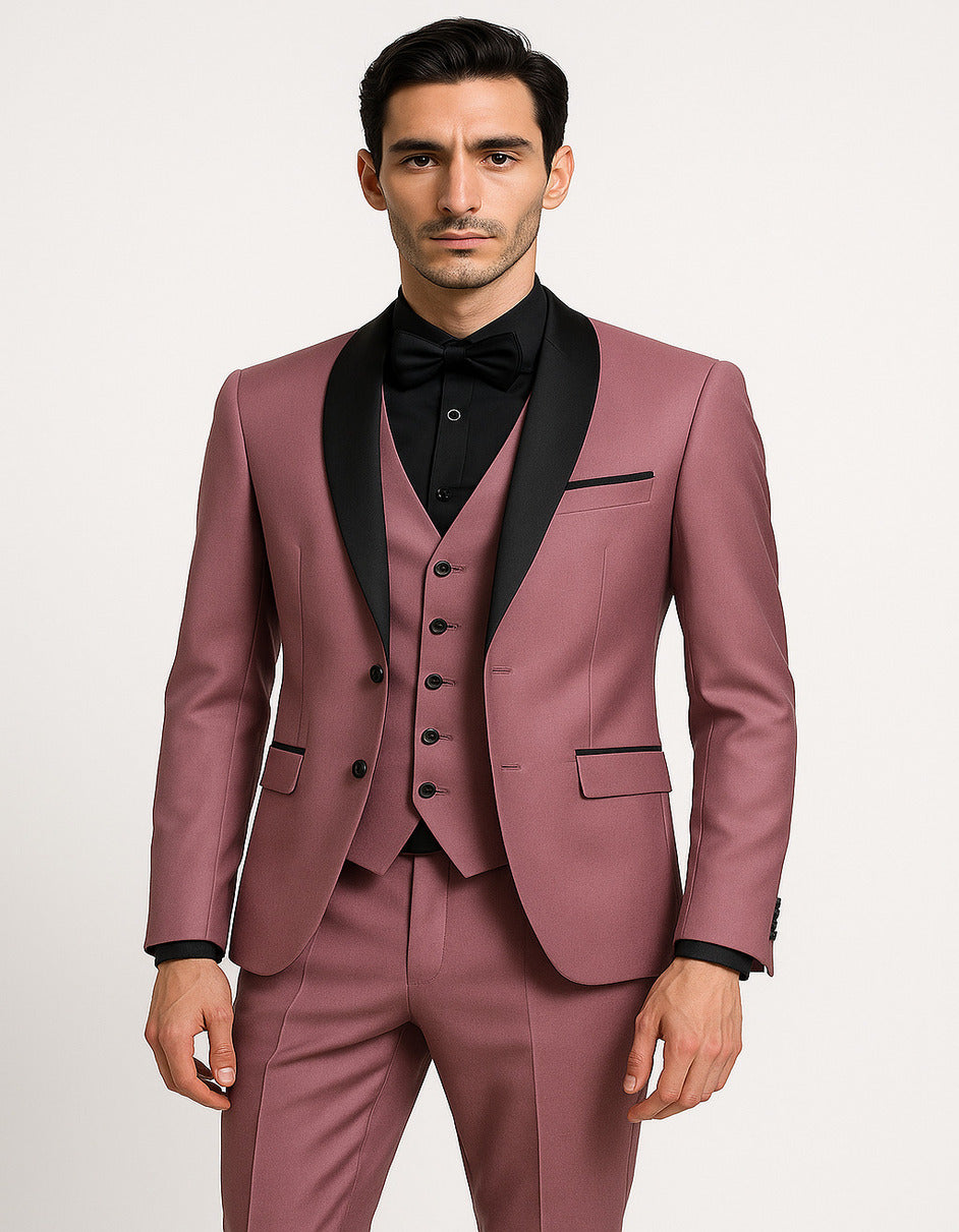 Men's Mauve Pink Tuxedo Suit – 3-Piece Slim Fit with Black Satin Shawl Lapel - 34 Short or Extra Small