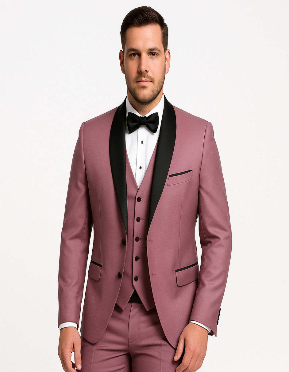 Men's Mauve Pink Tuxedo Suit – 3-Piece Slim Fit with Black Satin Shawl Lapel - 34 Short or Extra Small