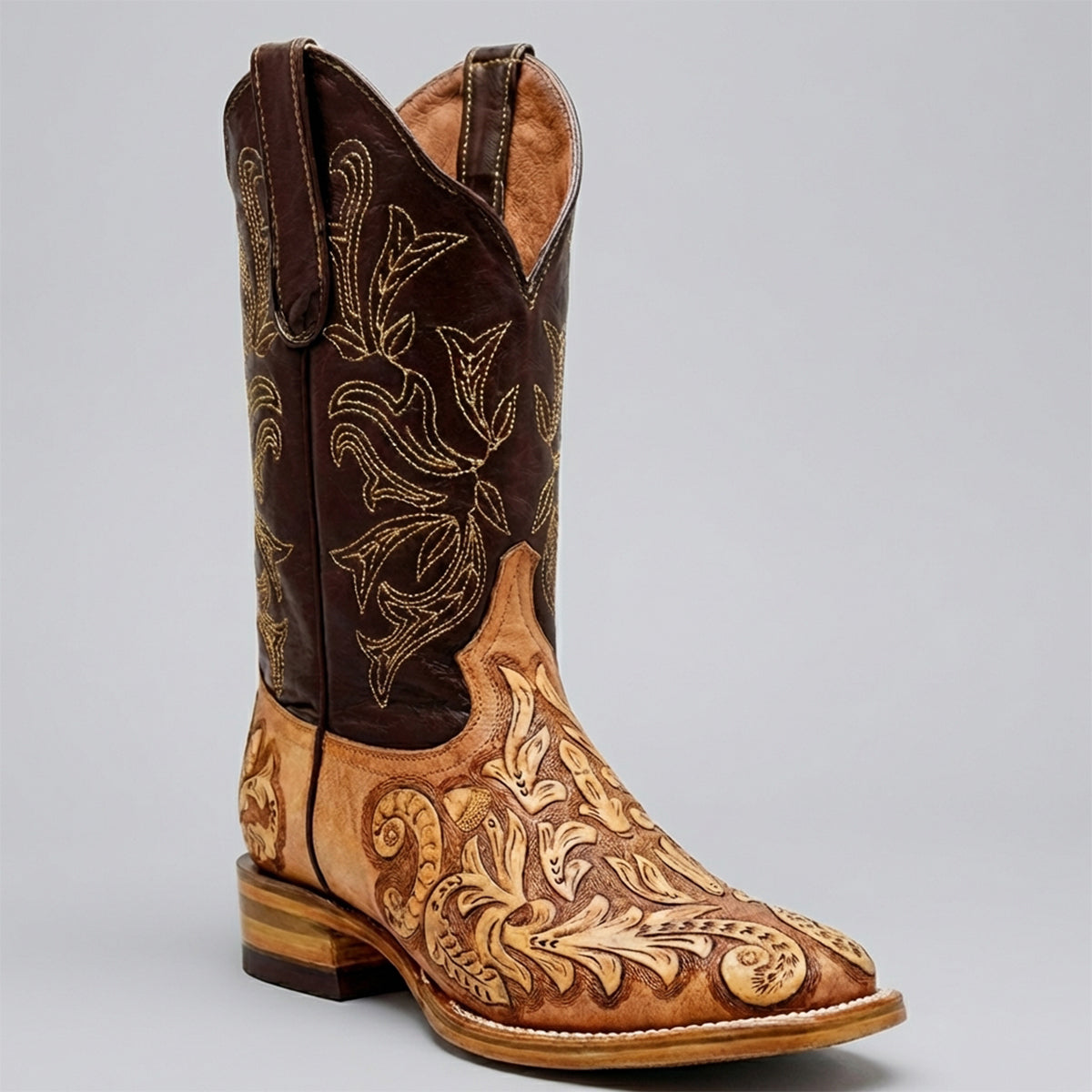 Mens White Diamond Boot Men's Natural Hand-Tooled Western Boots Square Toe - 6