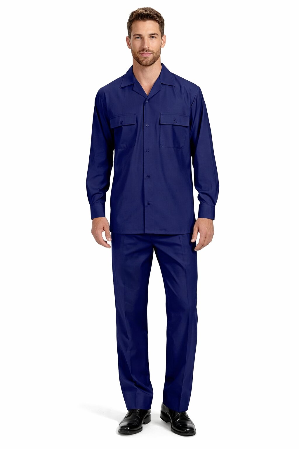 Mens Luxury Navy Blue Wool Two-Piece Leisure Walking Suit - Small