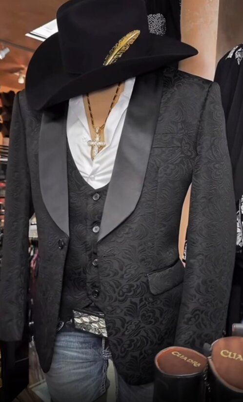 Men’s Black Paisley Jacquard Western Formal Blazer with Satin Shawl Lapel, Designer Jacket