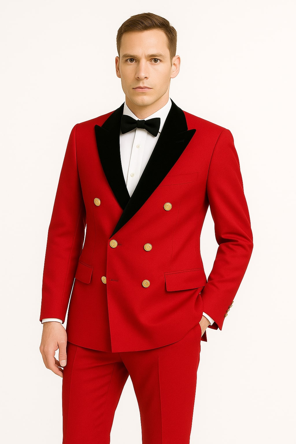 Men's Red Double-Breasted Wedding Tuxedo with Black Velvet Lapel and Gold Buttons - Christmas New Year Suit - 34 Short or Extra Small