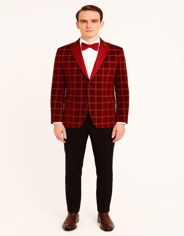 Men's Red Velvet Plaid Blazer with Satin Lapel â€“ Designer Tartan Suit Jacket for Holidays and Events