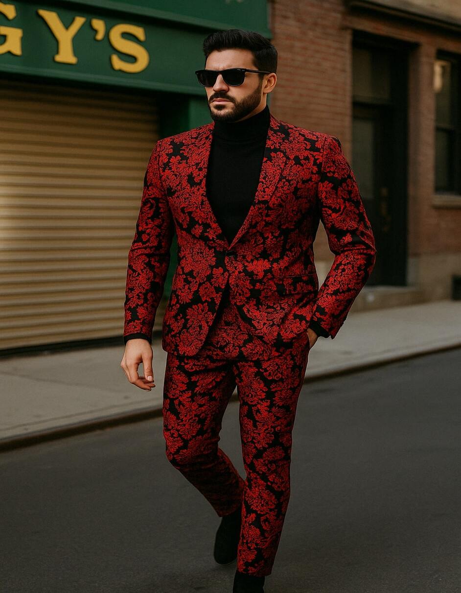 Men’s Red and Black Floral Tuxedo Suit – Slim Fit 2 Piece Embroidered Outfit for Weddings, Prom, and Formal Events - 38 Short Jacket+32 Waist Adjustable 28to34)(Height: 5 4 to5 7 )(Neck  15-16.5)S-M)