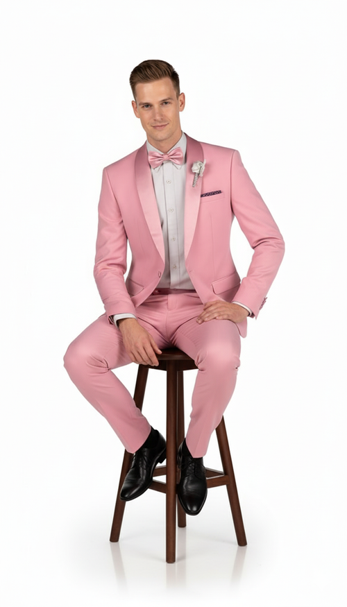 Mens Rose Pink Tuxedo Suit Slim Fit 2-Piece Wedding, Prom & Formal Wear Set
