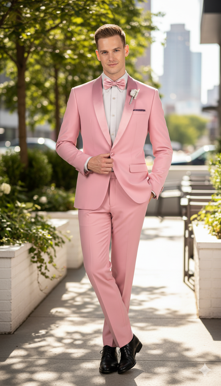 Mens Rose Pink Tuxedo Suit Slim Fit 2-Piece Wedding, Prom & Formal Wear Set