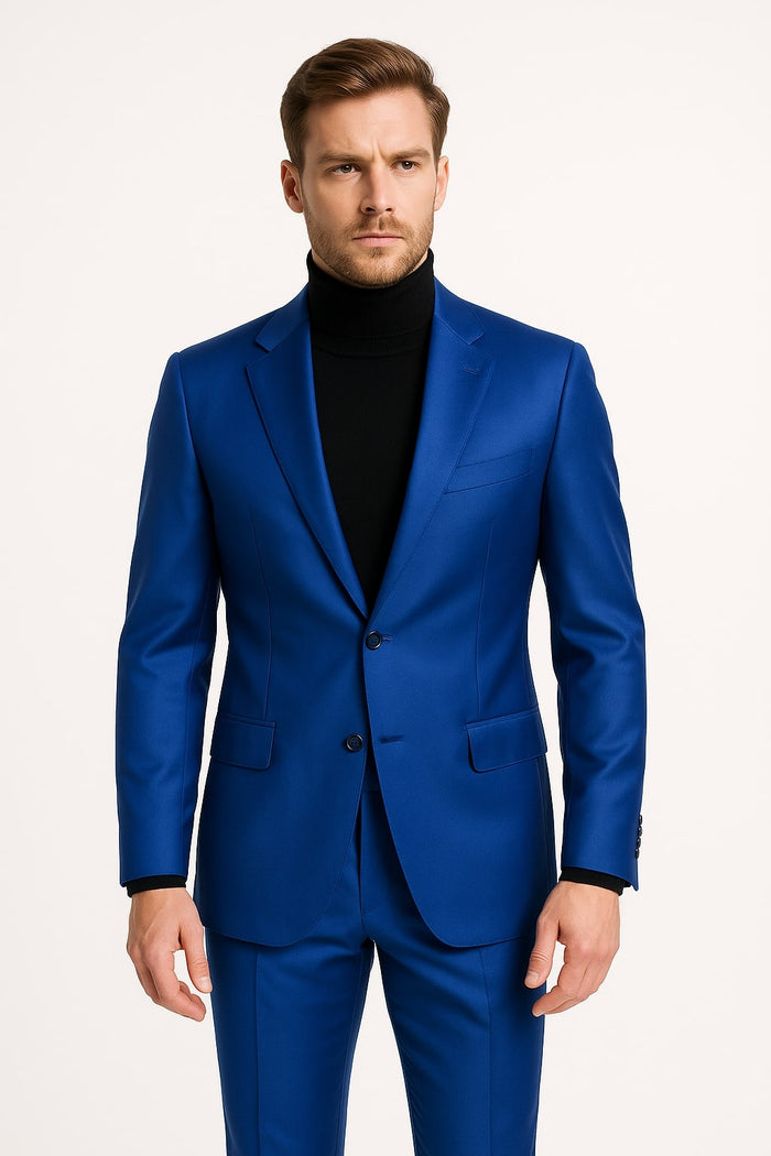 Men's Royal Blue Shiny Satin Suit â€“ 2-Piece Slim Fit Tuxedo with Peak Lapel