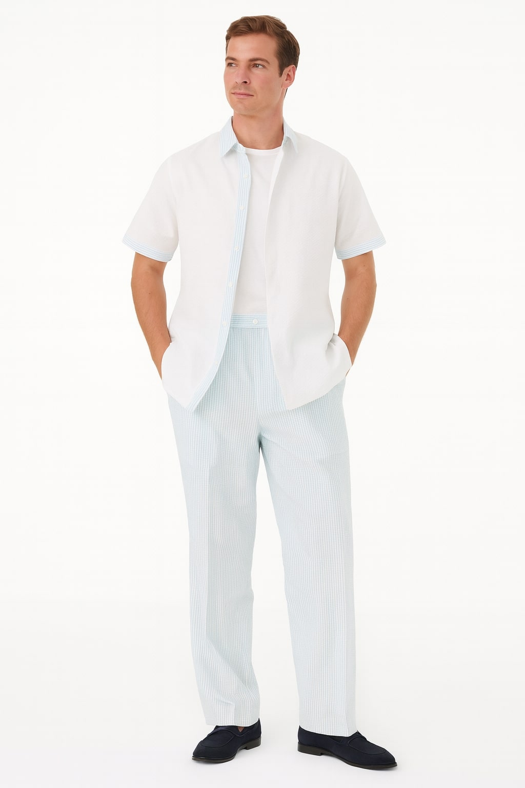 Men’s Sky Blue Two-Piece Short Sleeve Shirt and Pants Set – Casual Summer Outfit - S