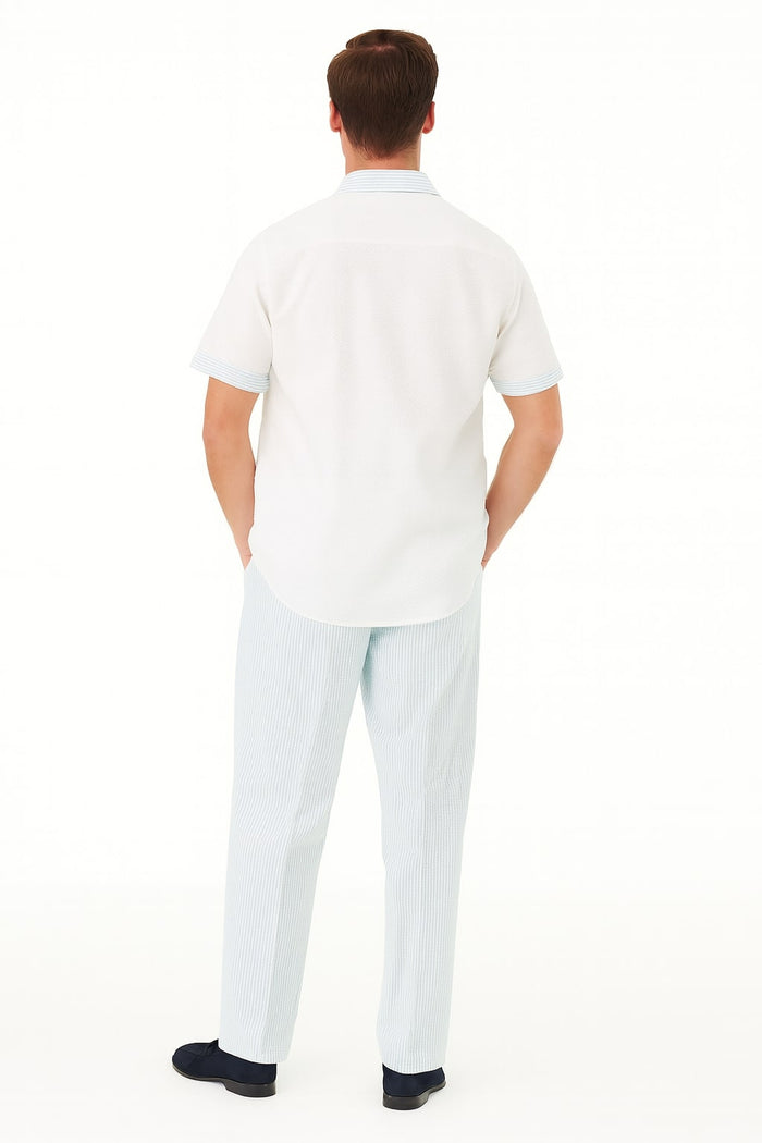 Mens Sky Blue Two-Piece Short Sleeve Shirt and Pants Set, Casual Summer Outfit